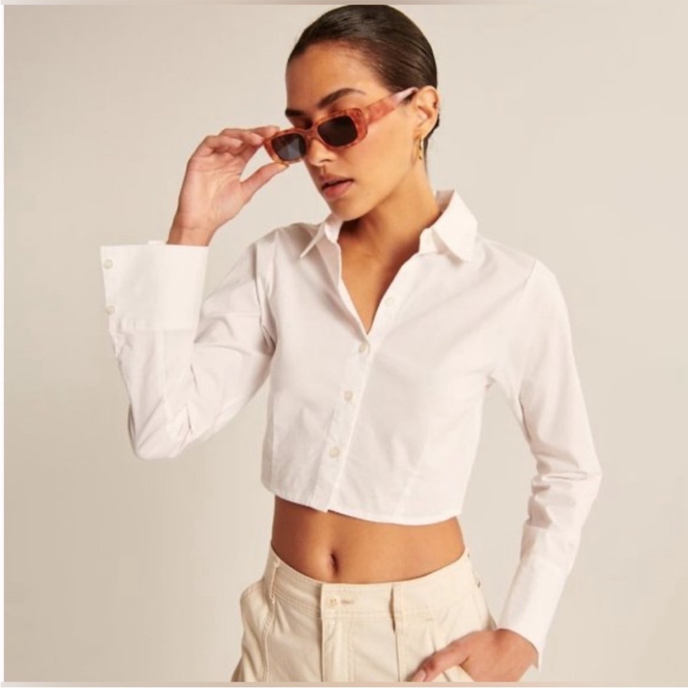 Abercrombie & Fitch Cropped Poplin Button Up Shirt White Size M